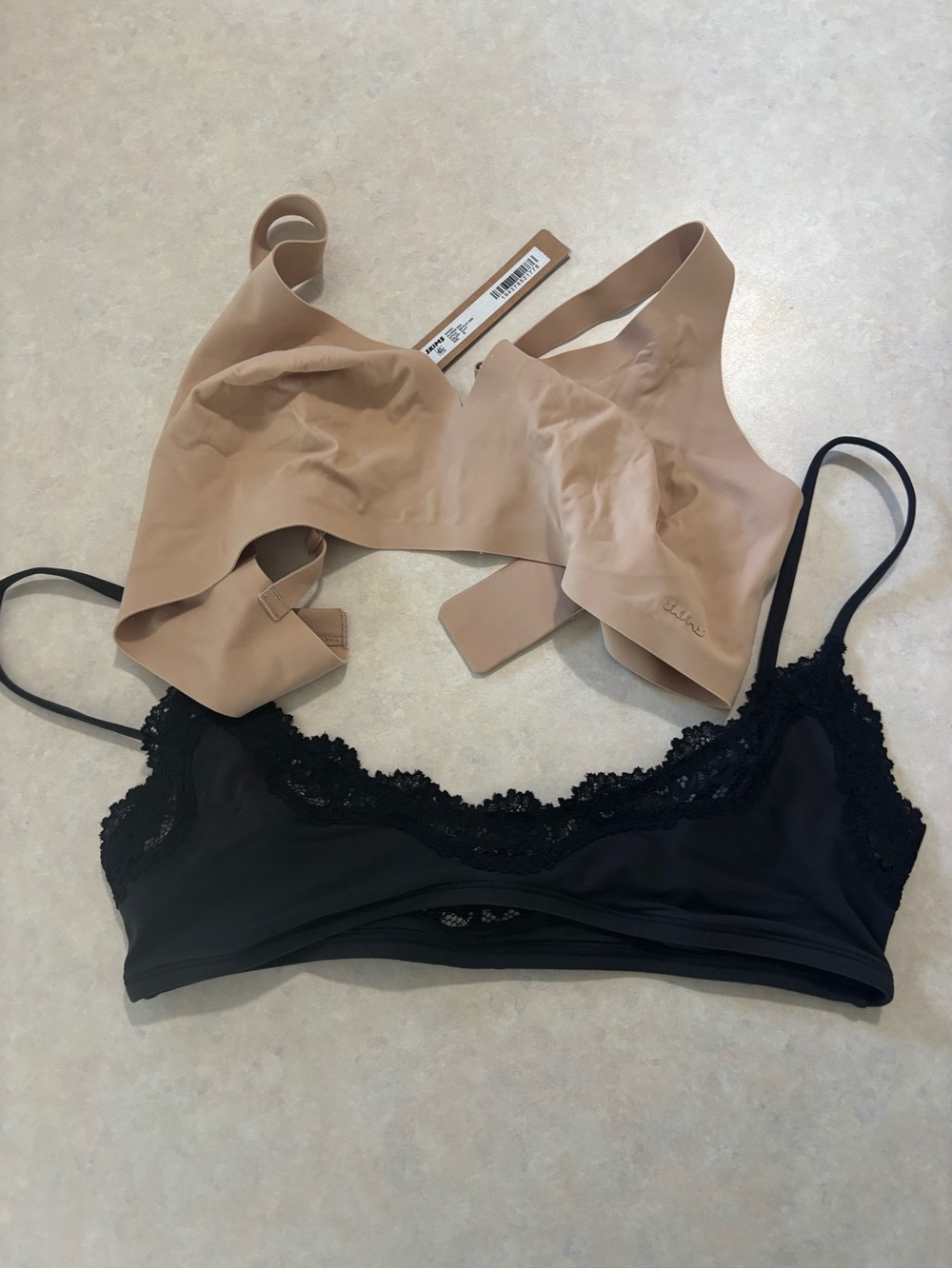 SKIMS Nude Seamless Bra with Black Lace Bralette Duo